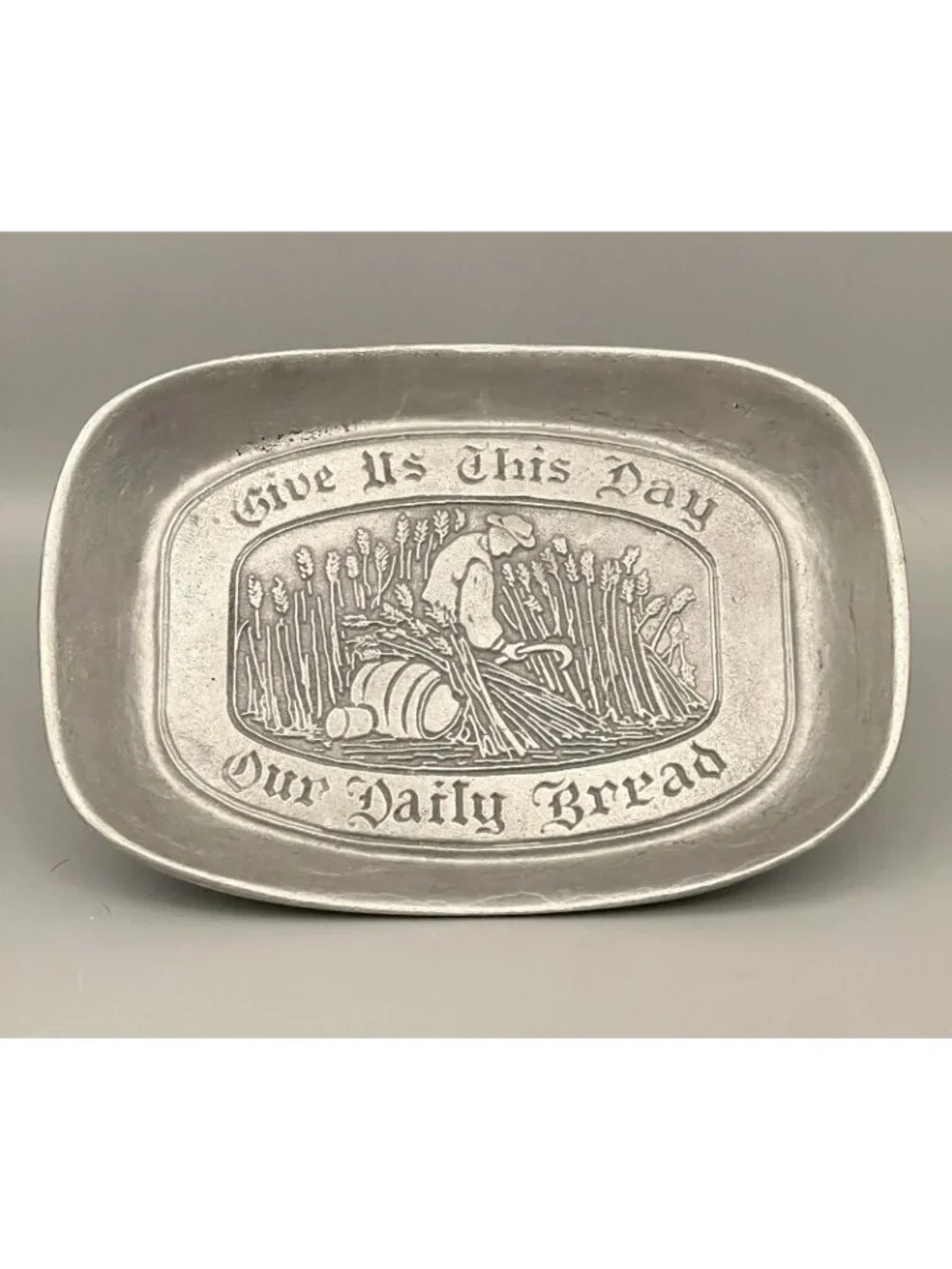 MCM Pewter Bread Tray “Give Us This Day Our Daily Bread” Vintage Farmhouse 8.5x6